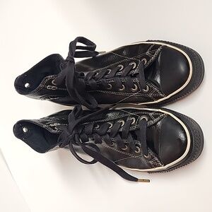 Converse All Star black leather sz 9M/11W lace-up rubber sole hi-top shoes. Wow!